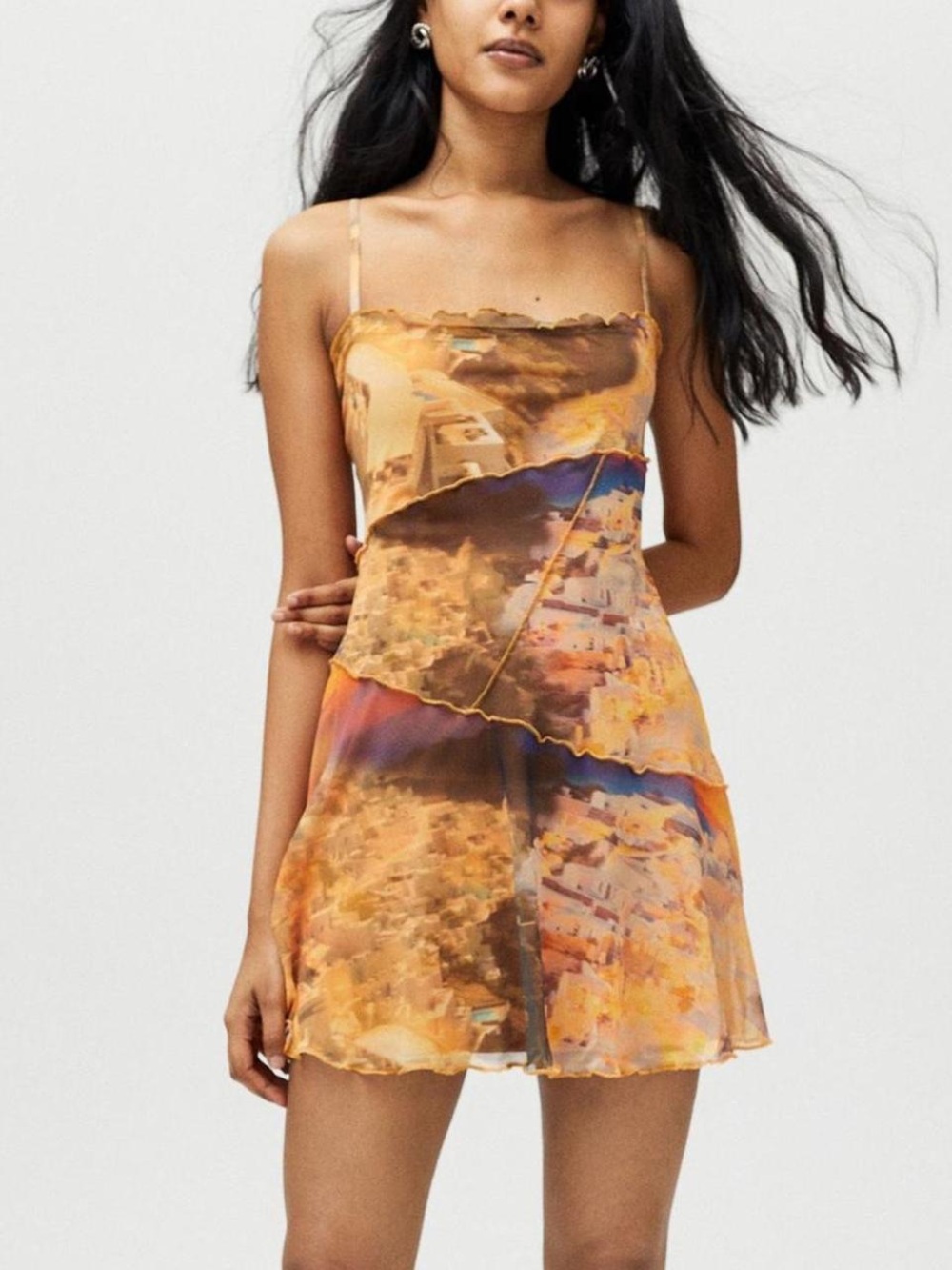Women’s urban outfitters M Sheer Spaghetti Strap Dress in Warm Brown Print